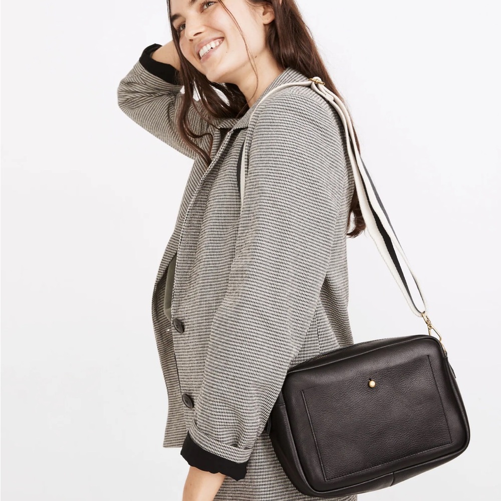 Madewell Black Leather Crossbody Bag with Striped Strap